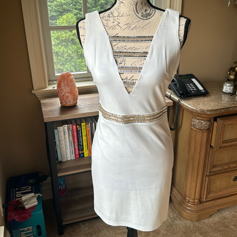 Bebe beaded cream mini dress